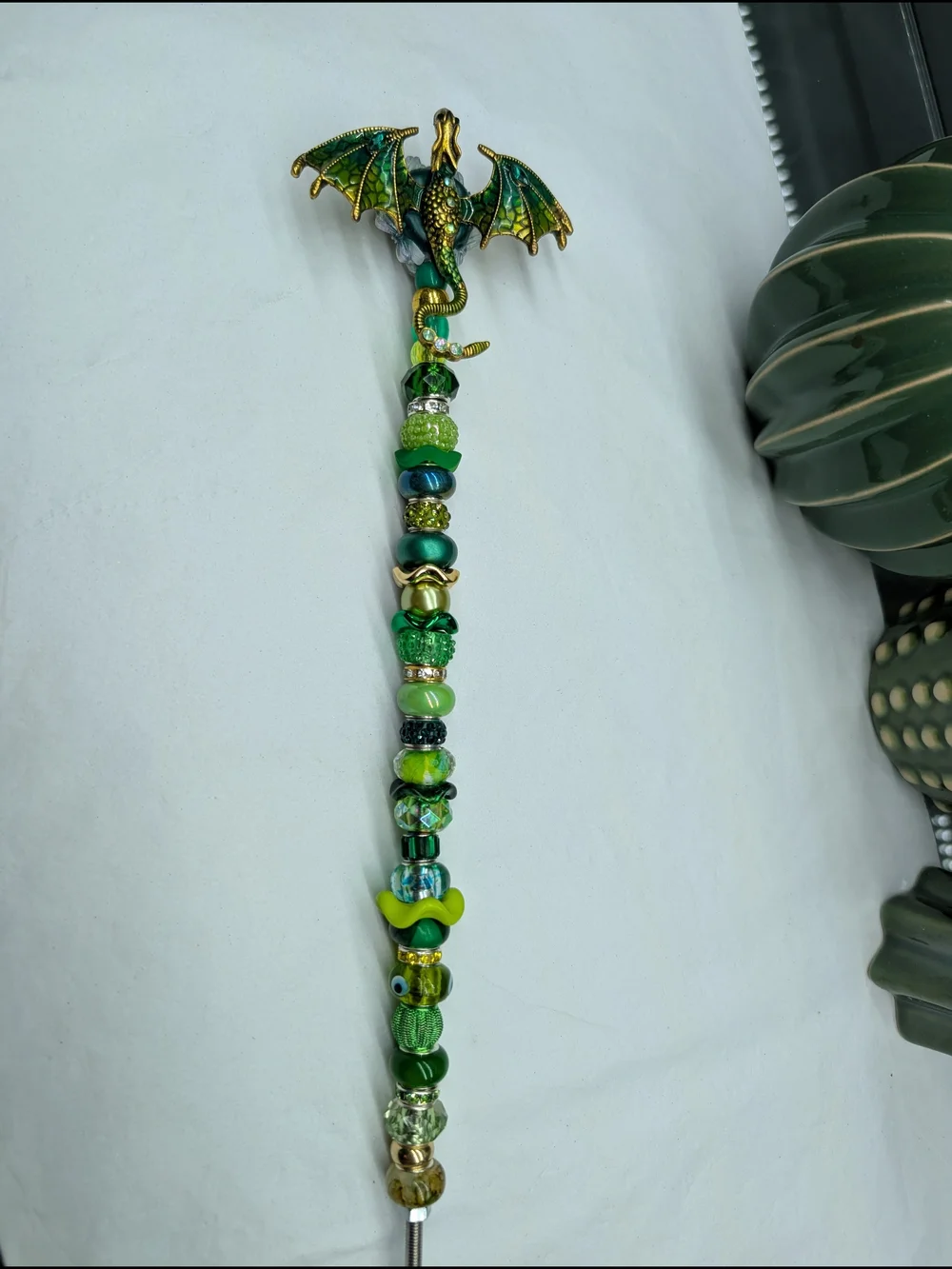 Hand Made Fairy Wand/Plant/Garden Stake W/Green Enamel Dragon Topper